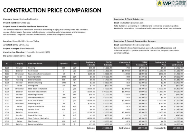 Construction Price Comparison Template