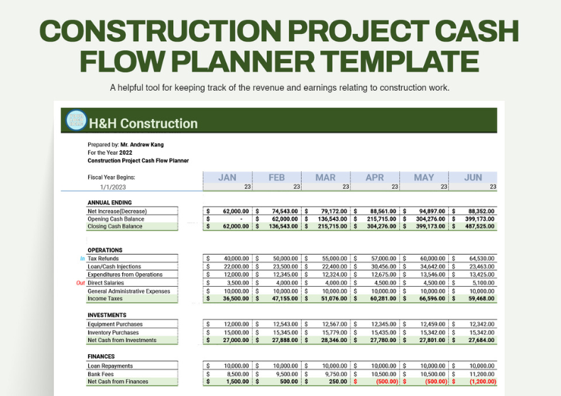 Construction Project Cash Flow Planner Template