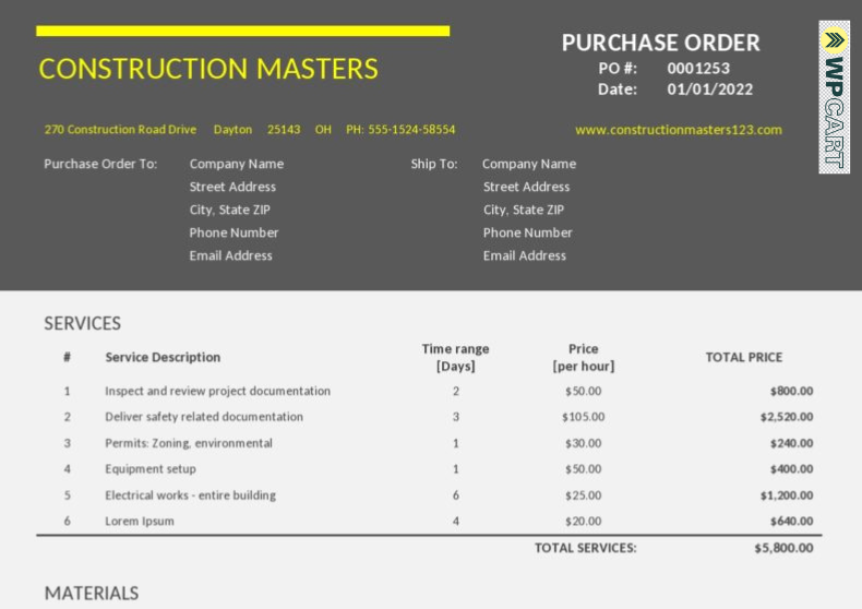 Construction Purchase Order Template