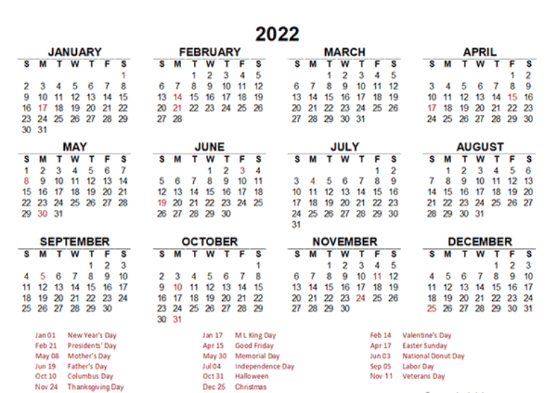 Excel Calendar Template 2022