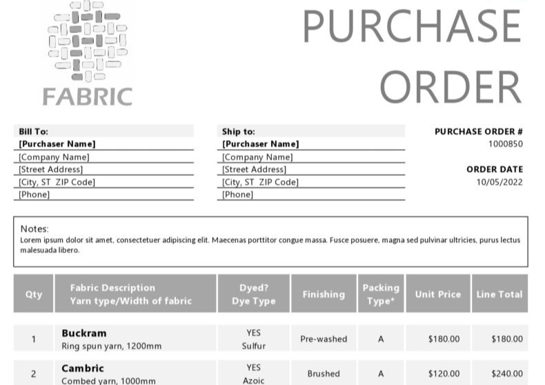 Fabric Purchase Order Template