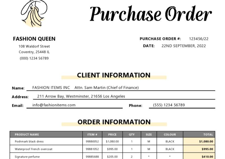 Fashion Purchase Order Template