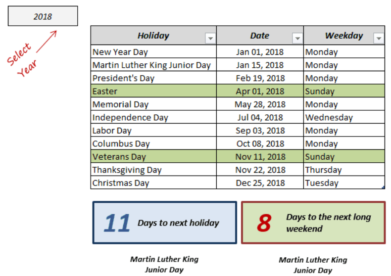Holiday Calendar Template Excel 2018