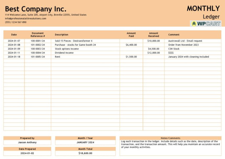Monthly Ledger Template