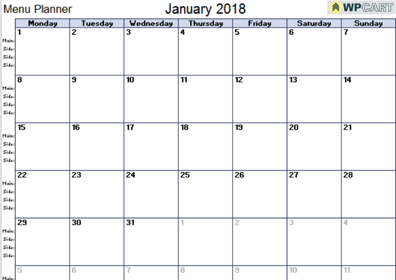Monthly Menu Planner