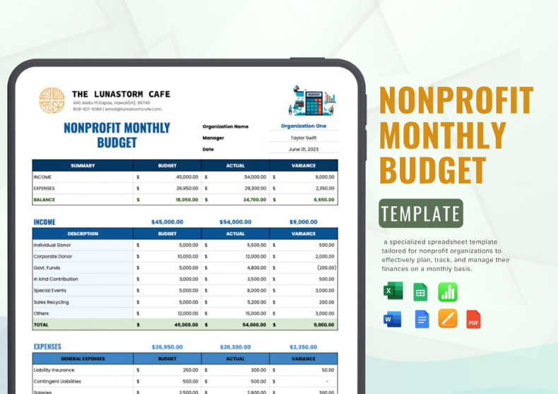 Nonprofit Monthly Budget Template US