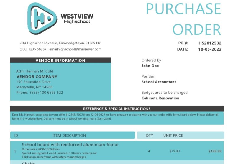 School Purchase Order Template