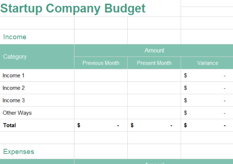Simple Start UP Company Budget Template