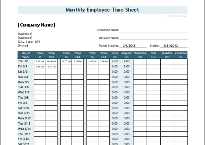 Timesheet with 2 breaks monthly