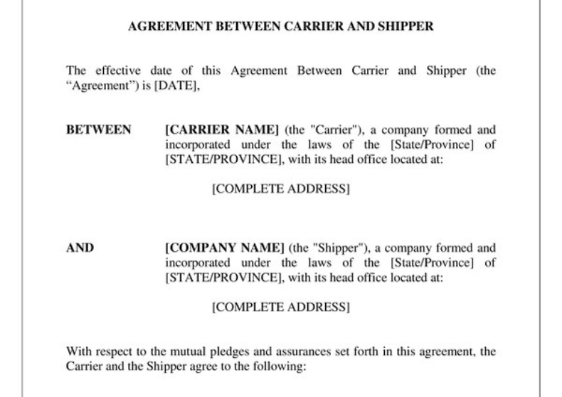 Agreement Between Carrier and Shipper