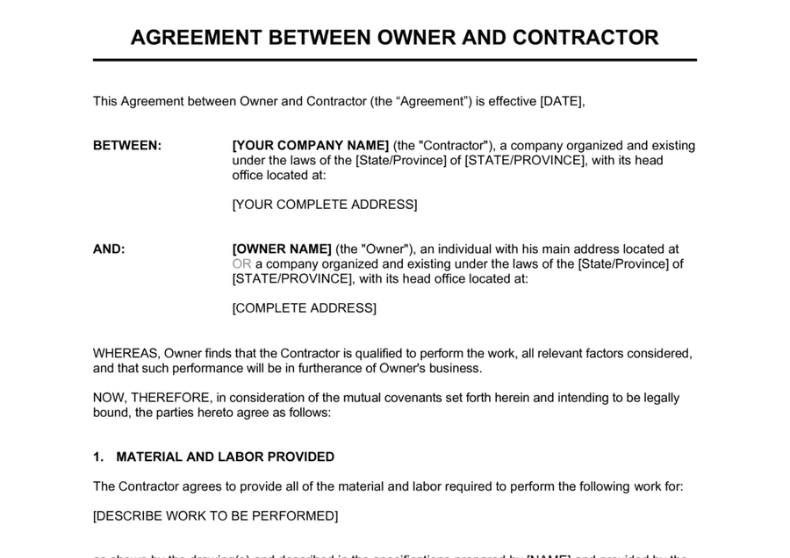 Agreement Between Owner and Contractor