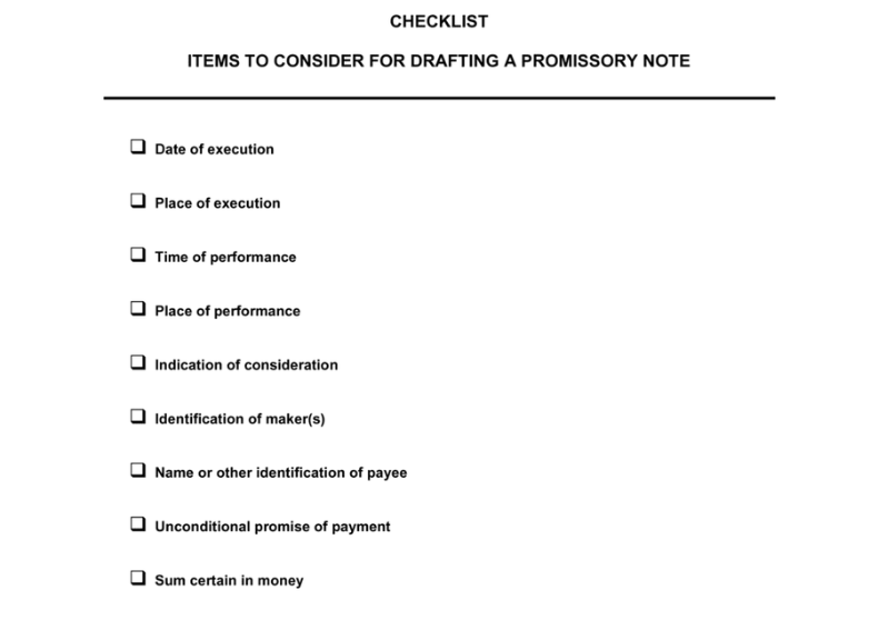 Checklist Items to Consider for Drafting a Promissory Note