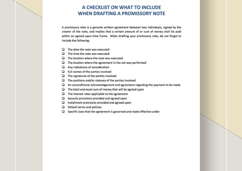 Checklist Items to Consider for Drafting a Promissory Note
