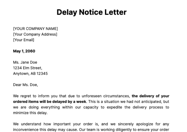 Delay on Order Notice