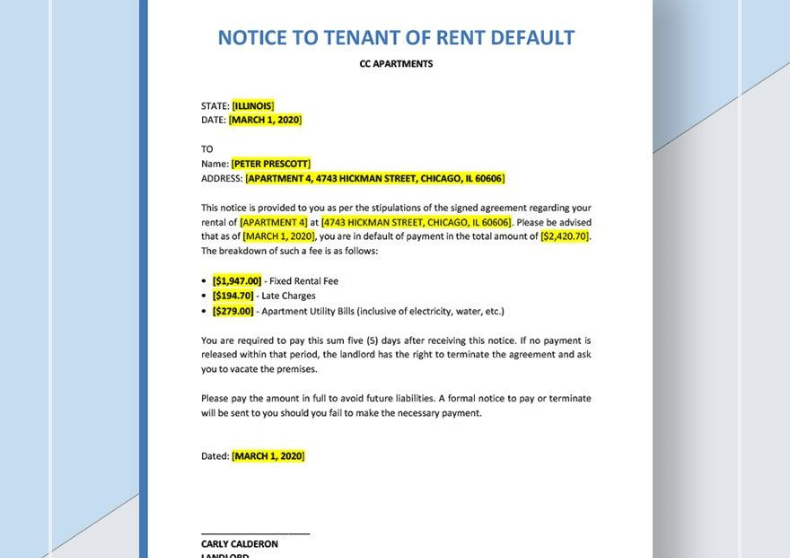 Notice To Tenant of Rent Default