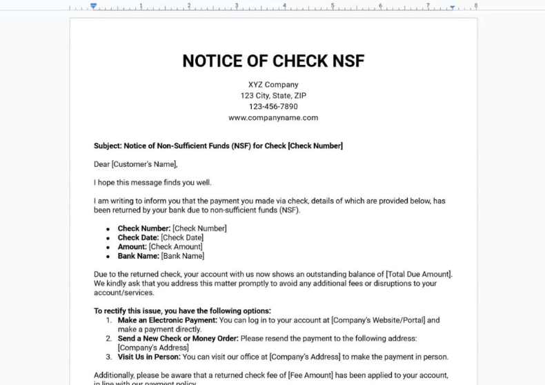 Notice of Bad Cheque Due to Non-sufficient Funds