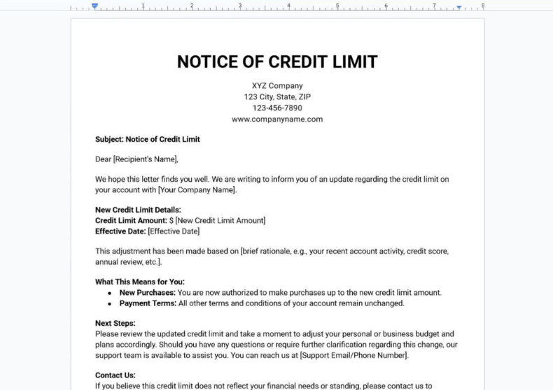 Notice of Credit Limit Template
