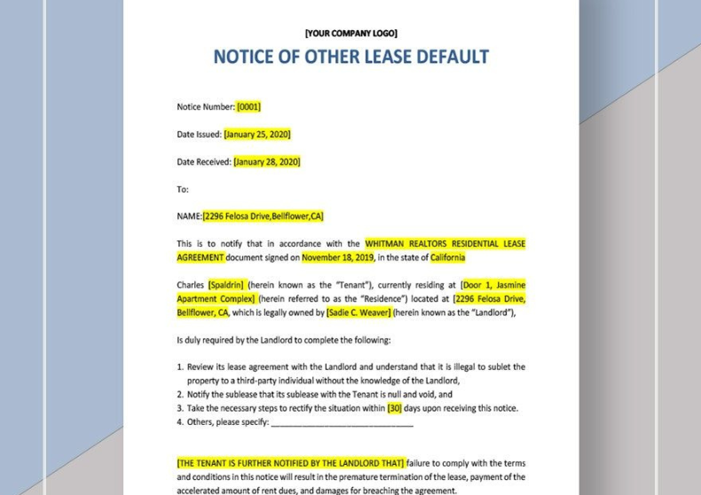 Notice of Other Lease Default