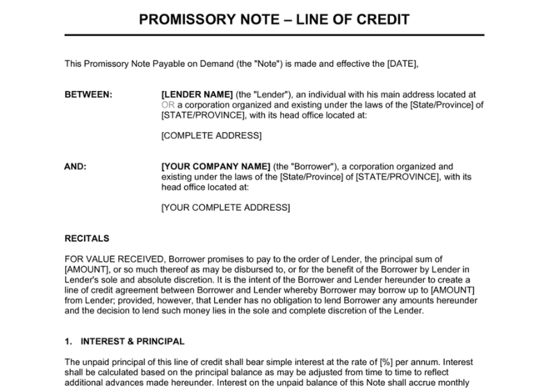 Promissory Note Line of Credit
